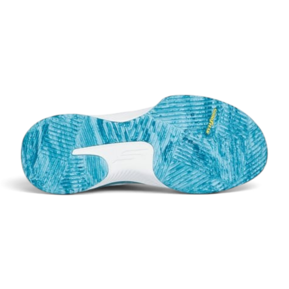 FRG Skechers Slip-ins State Champ tennis shoe outsole in white and turquoise with Goodyear performance rubber grip