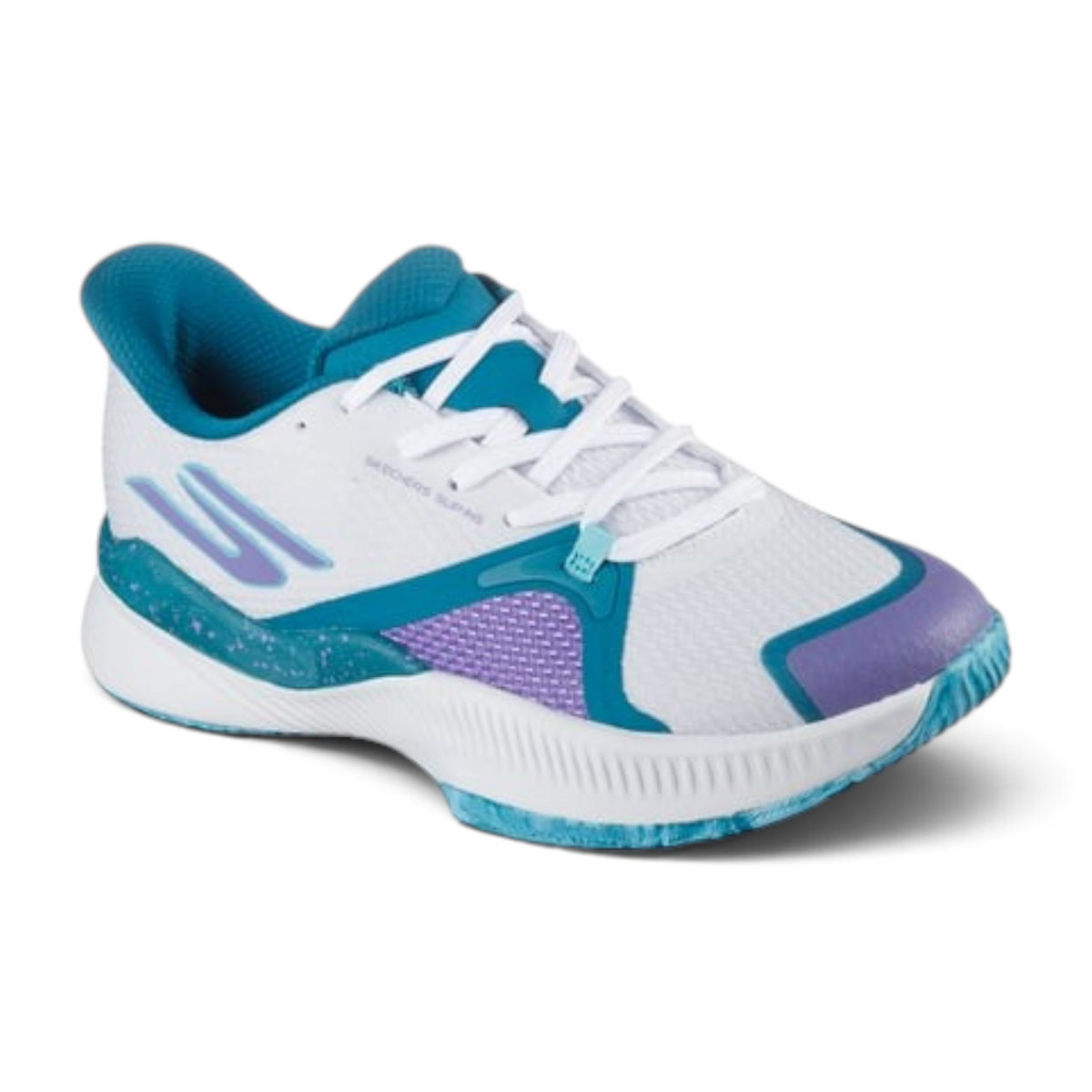 FRG Skechers Slip-ins State Champ tennis shoe in white with turquoise and purple accents for hands-free performance.