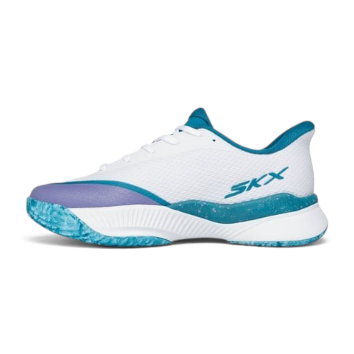 FRG Skechers Slip-ins State Champ tennis shoe in white with turquoise and purple accents and SKX branding