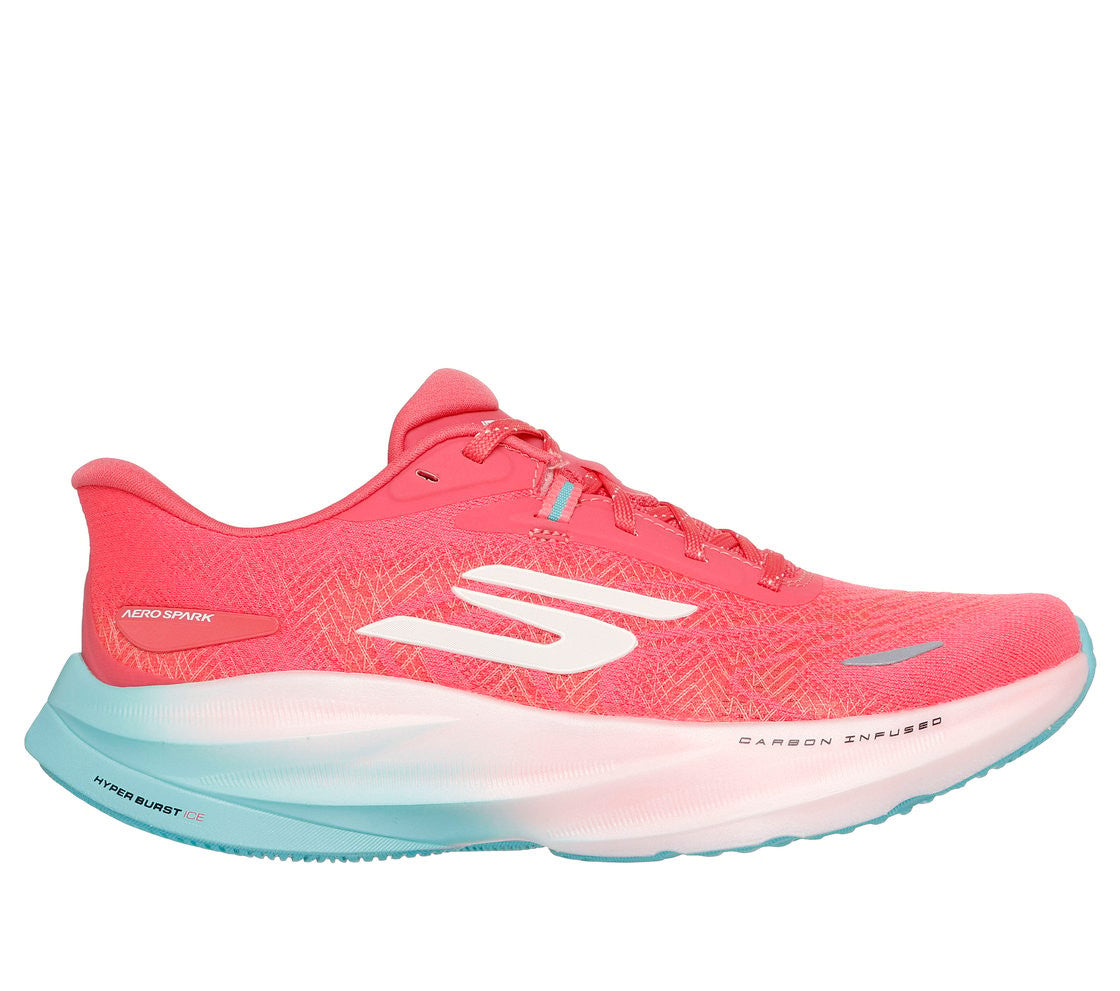 FRG Skechers Aero Spark coral performance running shoe with breathable mesh upper and Arch Fit insole top view