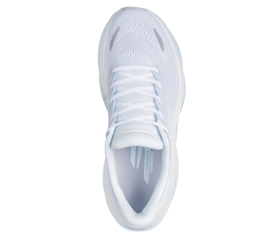 FRG Skechers Aero Burst running shoe in white and light blue with breathable mesh and cushioned midsole, top view.