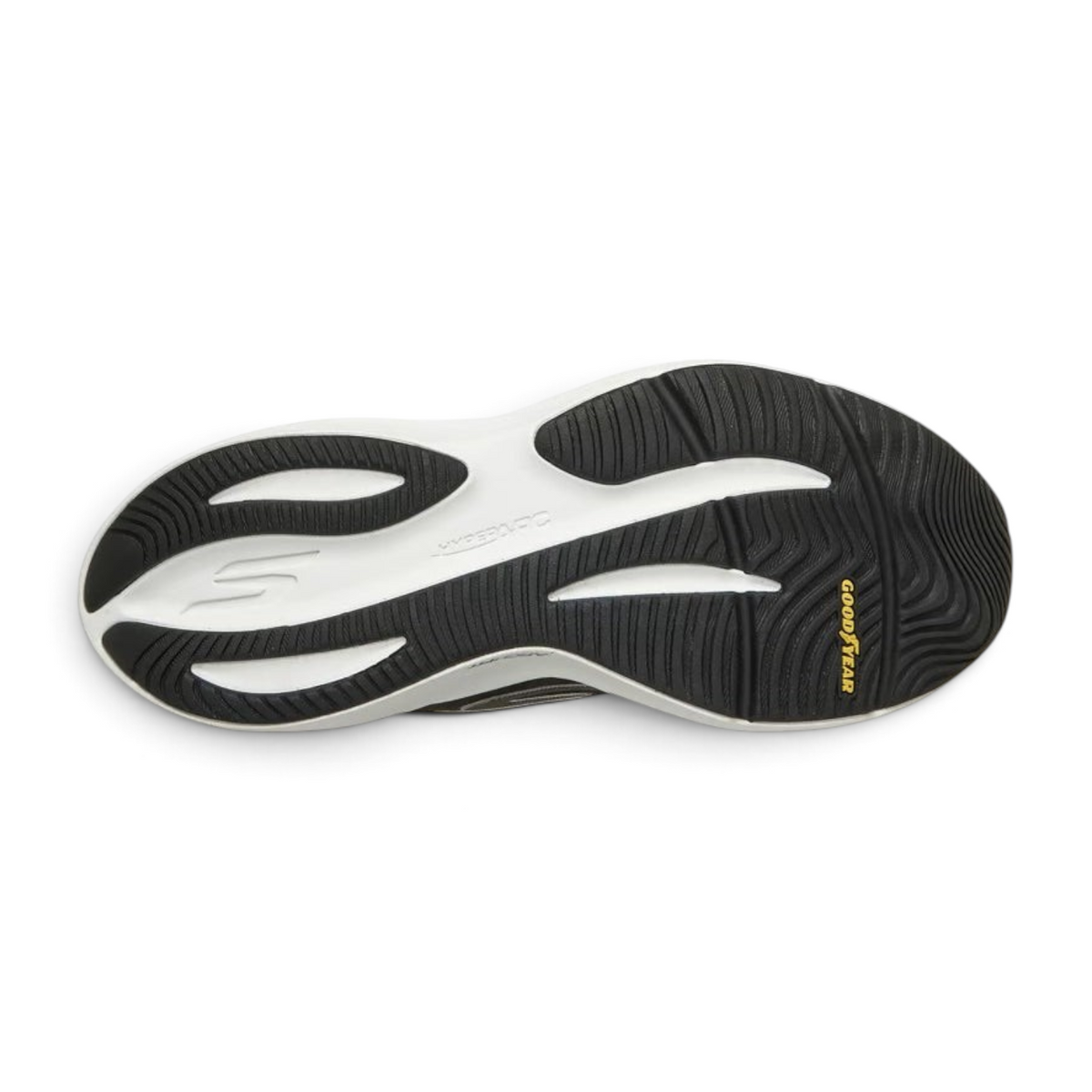 FRG Skechers Aero Pulse running shoe outsole featuring black rubber tread and white cushioning on a white background.