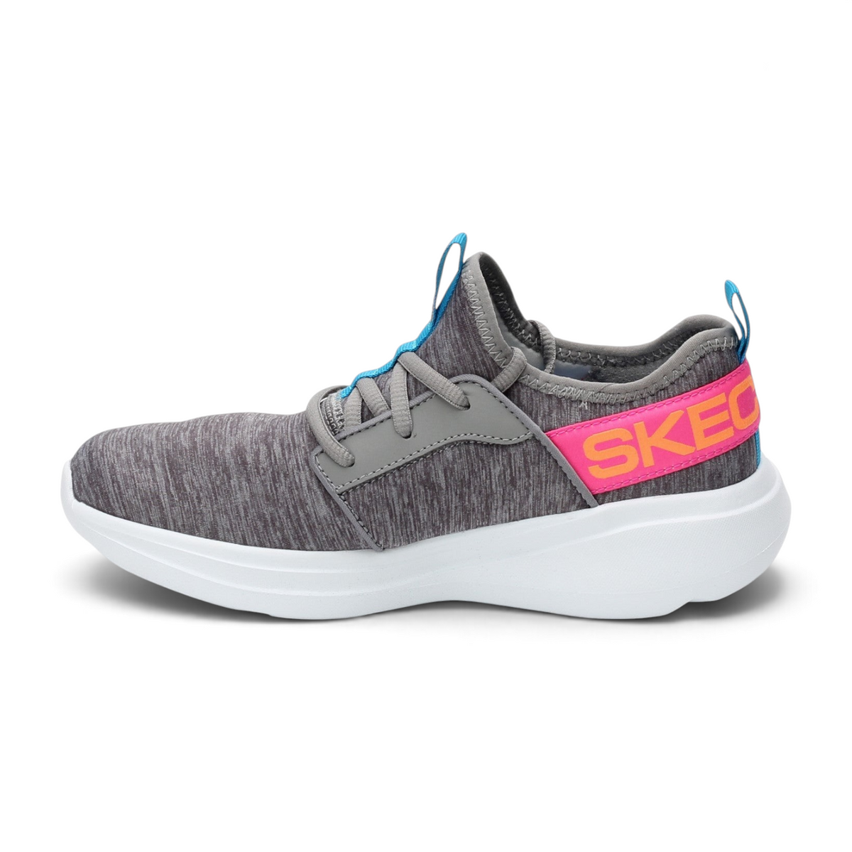 FRG GO RUN FAST grey heathered athletic sneaker with pink logo strap and blue pull tab on a white sole