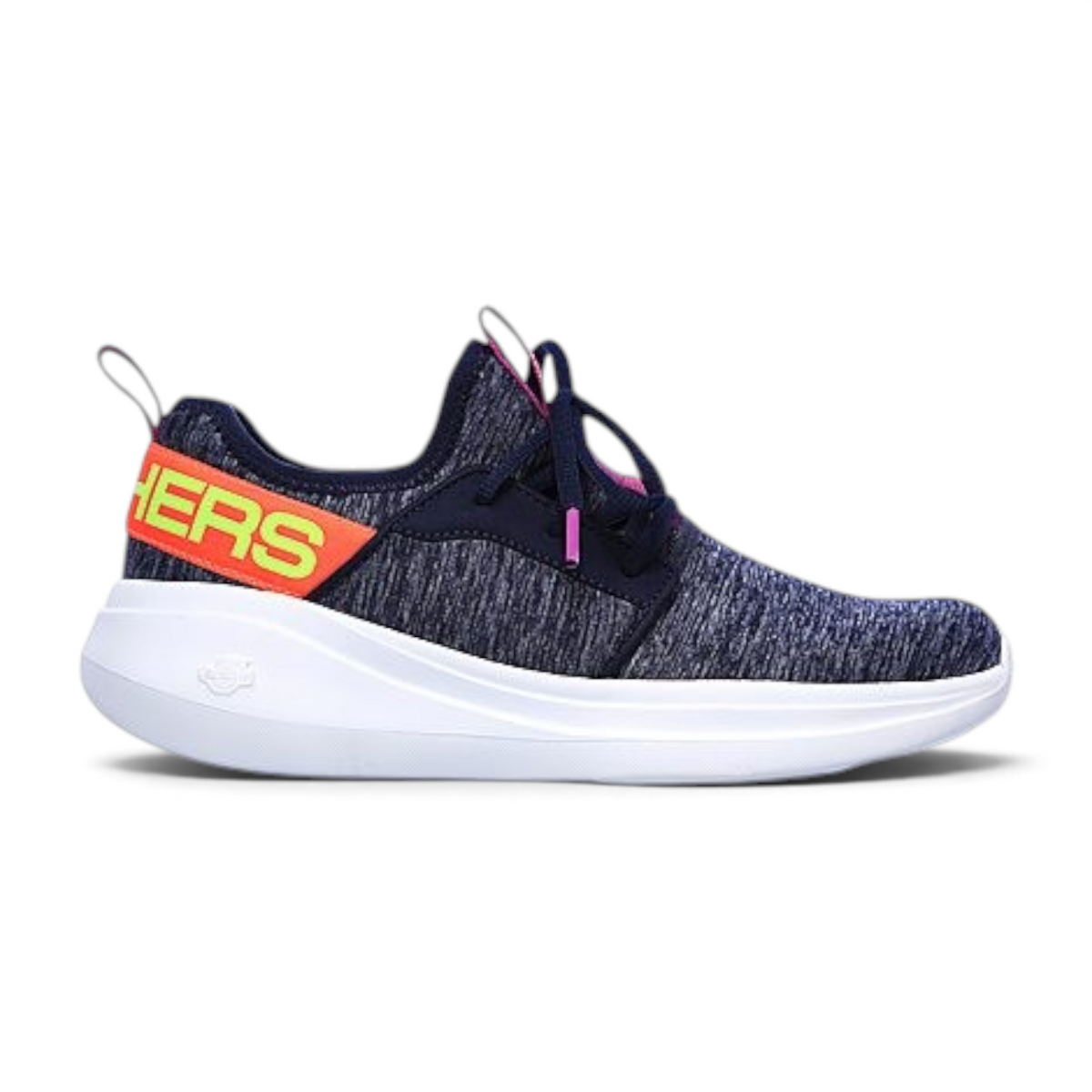 FRG Skechers GO RUN FAST navy heathered knit athletic sneaker with bright orange logo and white cushioned midsole