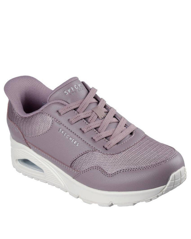 FRG Skechers Uno Banksia mauve duraleather and mesh slip-in sneaker with visible airbag midsole and side view