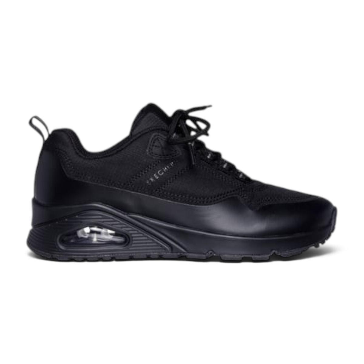 FRG UNO black Skechers sneakers with mesh and synthetic upper, lace-up closure, and visible air-cushioned heel sole.