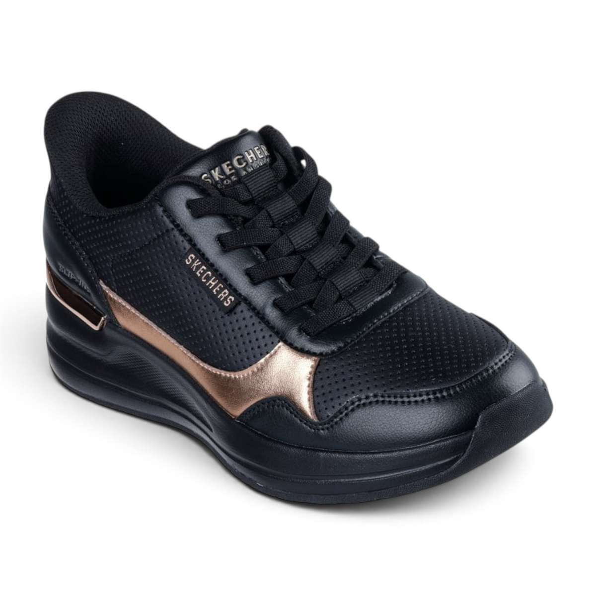 FRG Skechers Billion 2 Top Tier black fashion sneaker with perforated duraleather, metallic accents, and wedge heel.