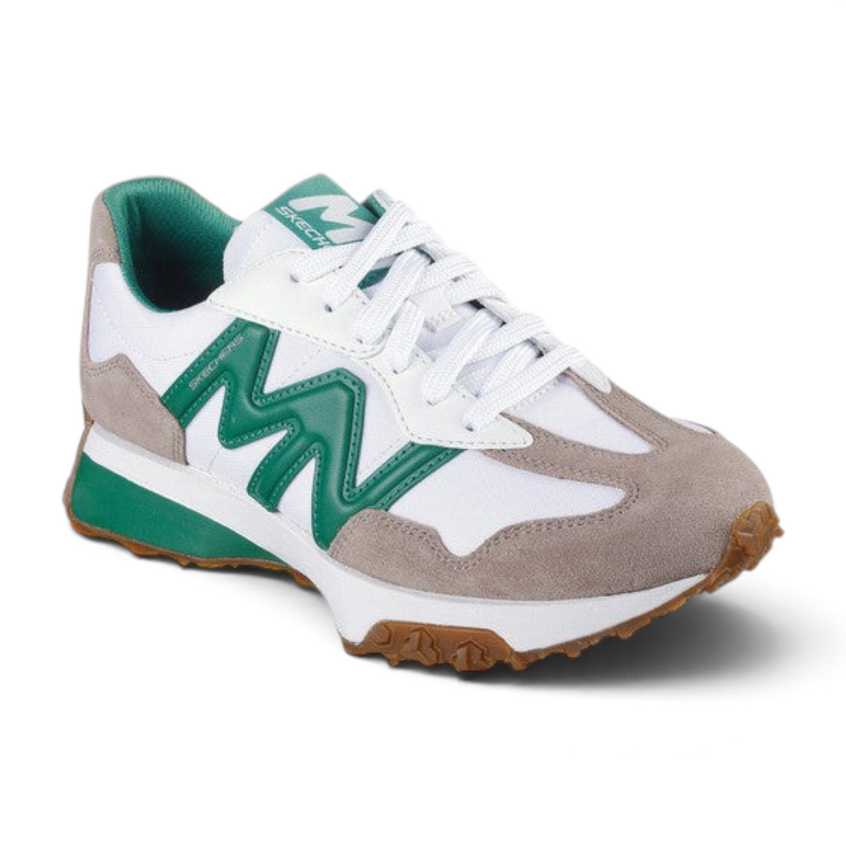 FRG Skechers Street Upper Cut Neo jogger in white, gray, and green with leather upper and gum rubber sole
