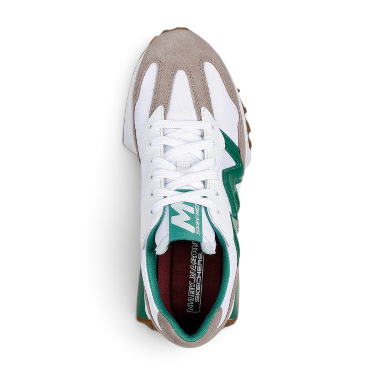FRG Skechers Street Upper Cut Neo jogger in white and gray leather with green accents and a flexible rubber sole