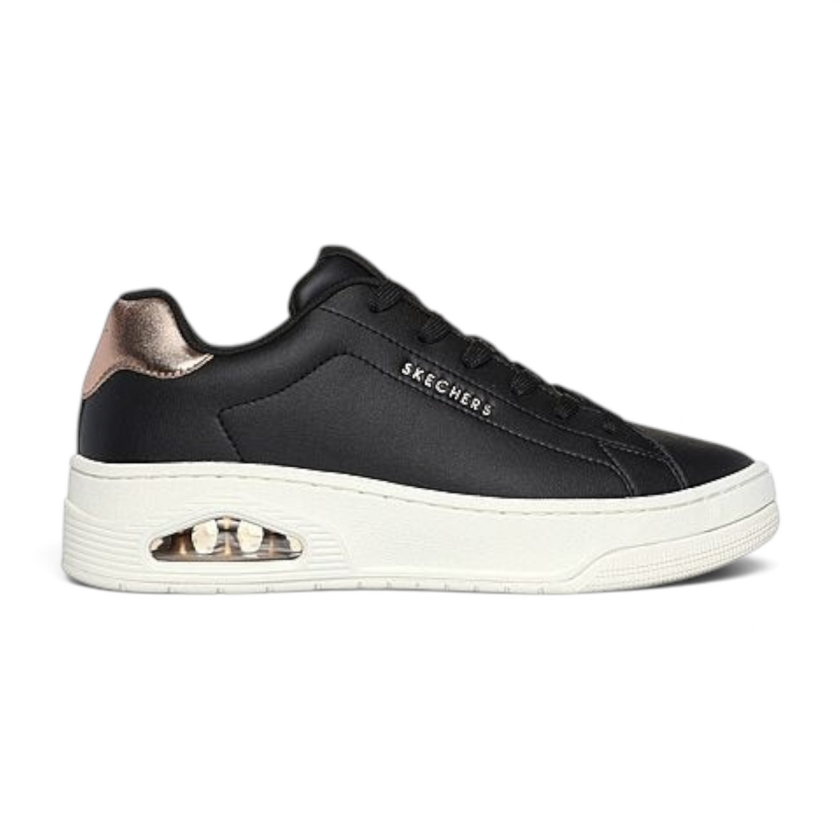 FRG Skechers Uno Court sneaker in black with rose gold heel detail, white platform sole, and visible air cushioning