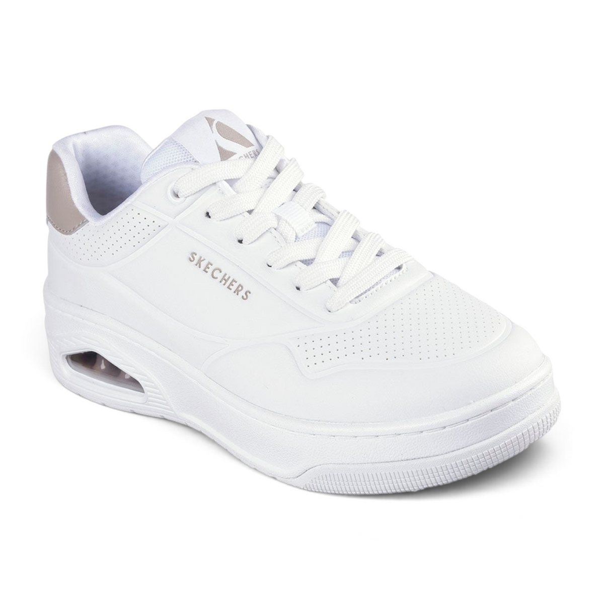FRG Skechers Uno Court Fast Break white sneaker with purple accents, embossed duraleather and air-cushioned midsole