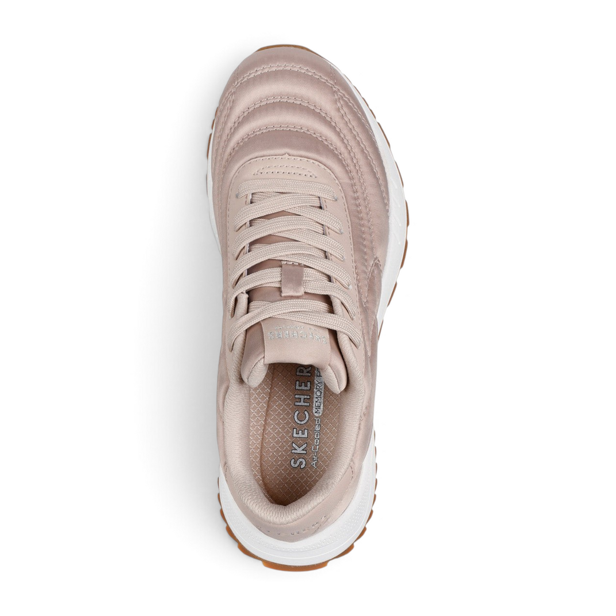 FRG Skechers Fury Plush Waves taupe satin lace-up jogger sneakers with cushioned white midsole and gum outsole