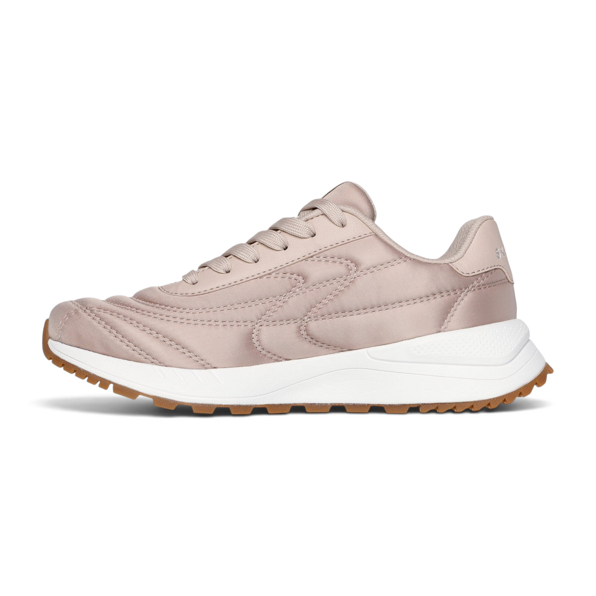FRG Skechers Fury Plush Waves taupe satin-finish lace-up jogger sneakers with a white cushioned midsole