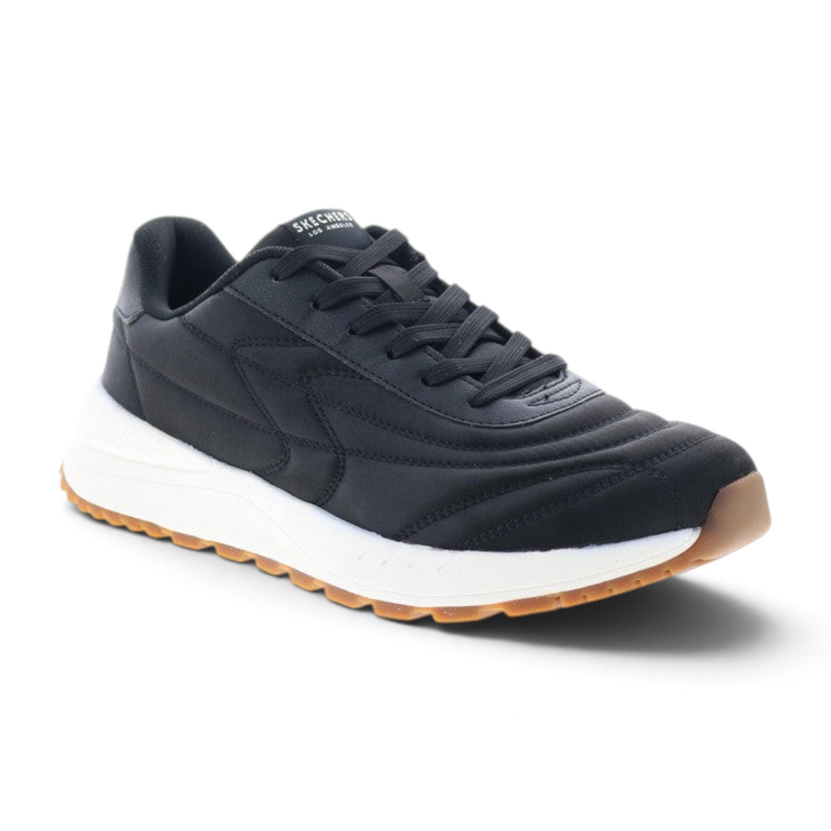 FRG Skechers Fury Plush Waves black lifestyle sneaker with quilted detailing and a white midsole with gum outsole