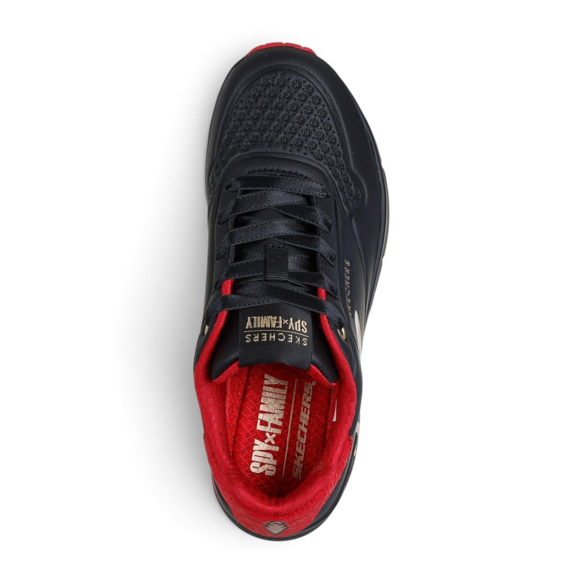 FRG Skechers UNO SPY x FAMILY fashion sneaker in black durabuck with red interior lining and anime character details
