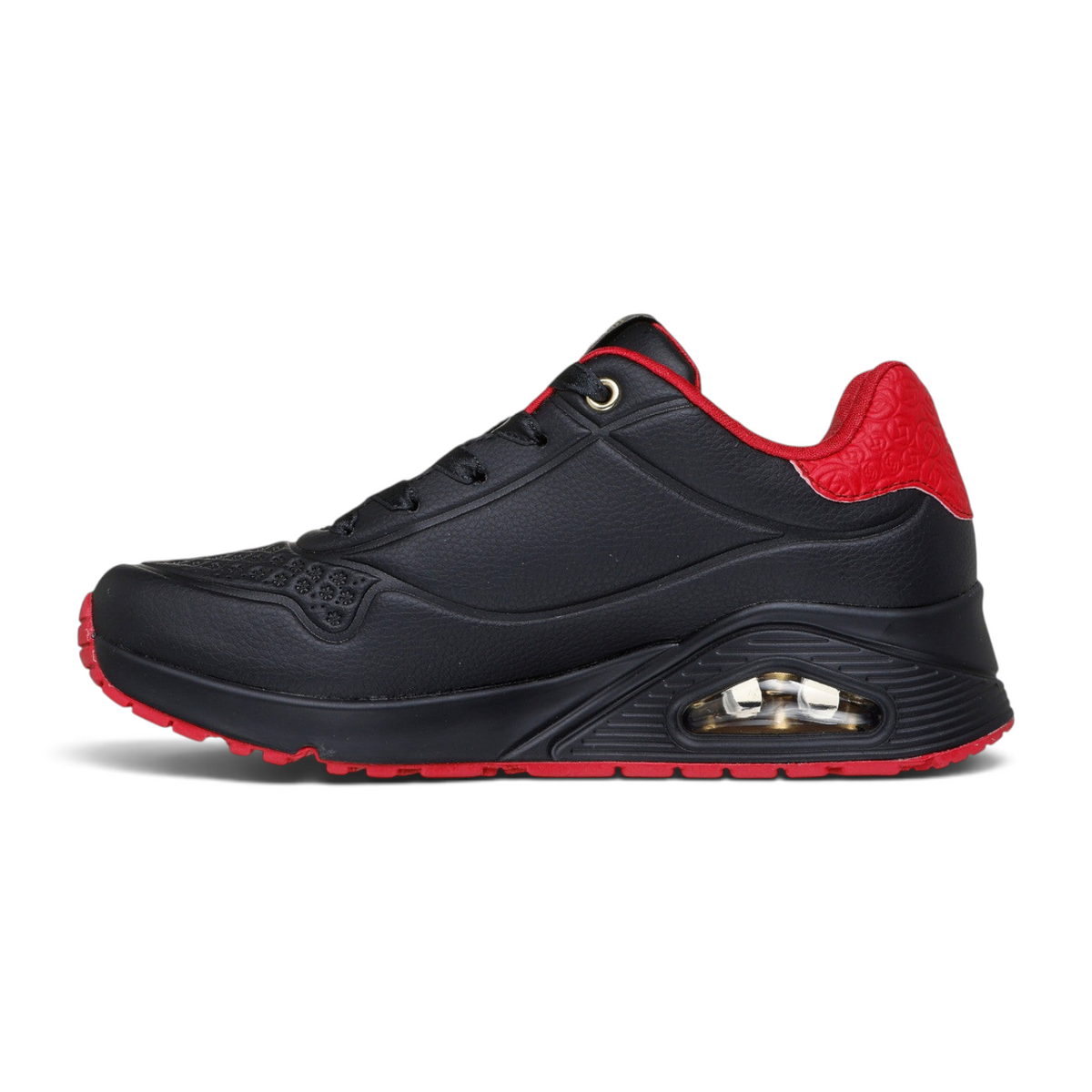 FRG Skechers UNO SPY x FAMILY fashion sneaker in black and red durabuck with visible air cushioning