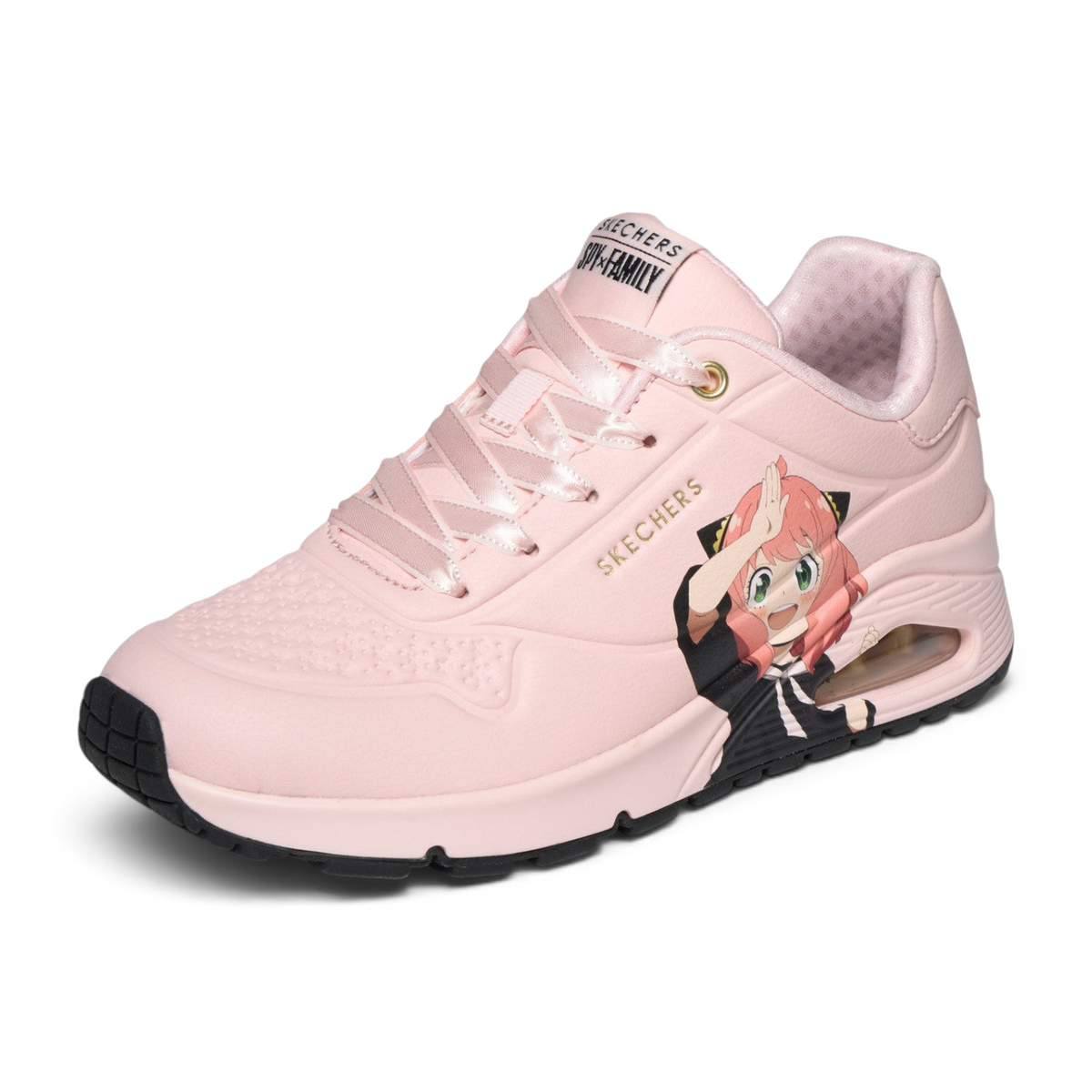 FRG Skechers UNO SPY x FAMILY pink durabuck sneakers featuring Anya Forger character graphics and air-cushioned sole.
