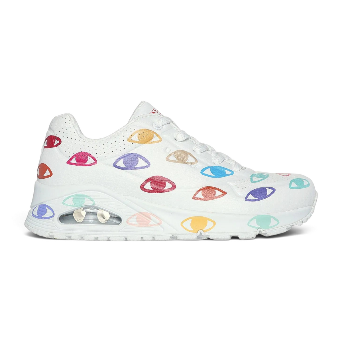FRG UNO MANY EYES white sneakers featuring a colorful all-over eye print pattern and a visible air cushioning sole