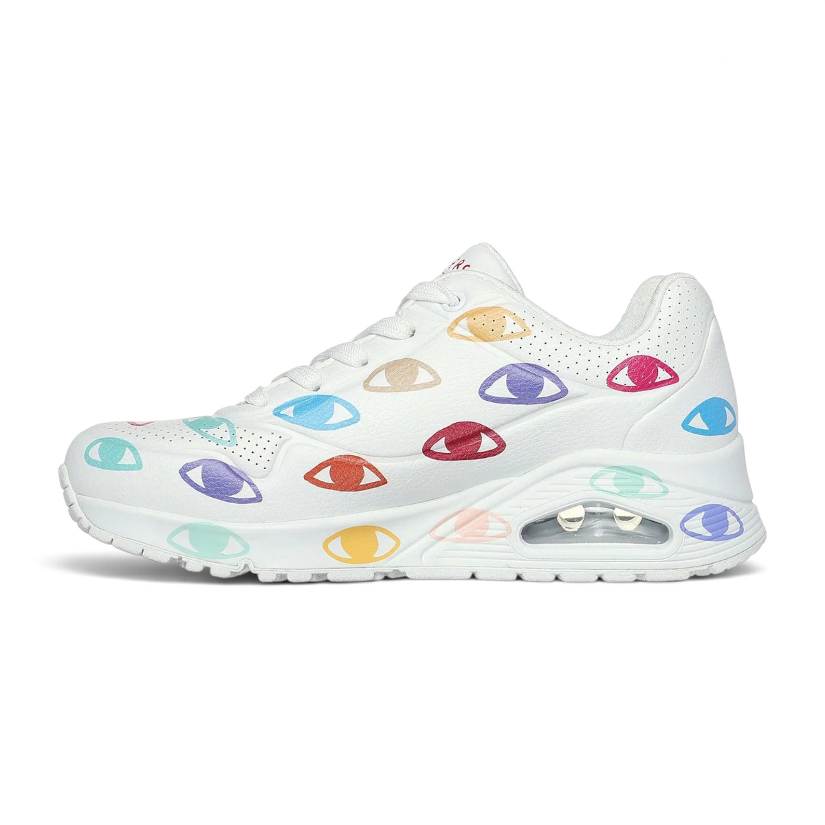 FRG UNO MANY EYES white sneakers featuring a colorful all-over eye print pattern and a visible air cushion sole