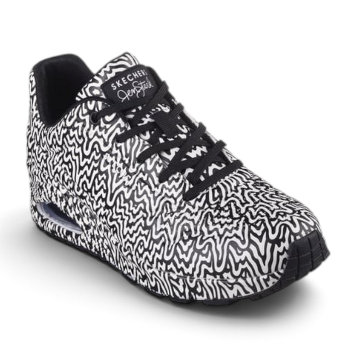 FRG UNO INFINITE DRIP sneaker featuring a black and white wavy abstract pattern, lace-up closure, and air-cushioned sole