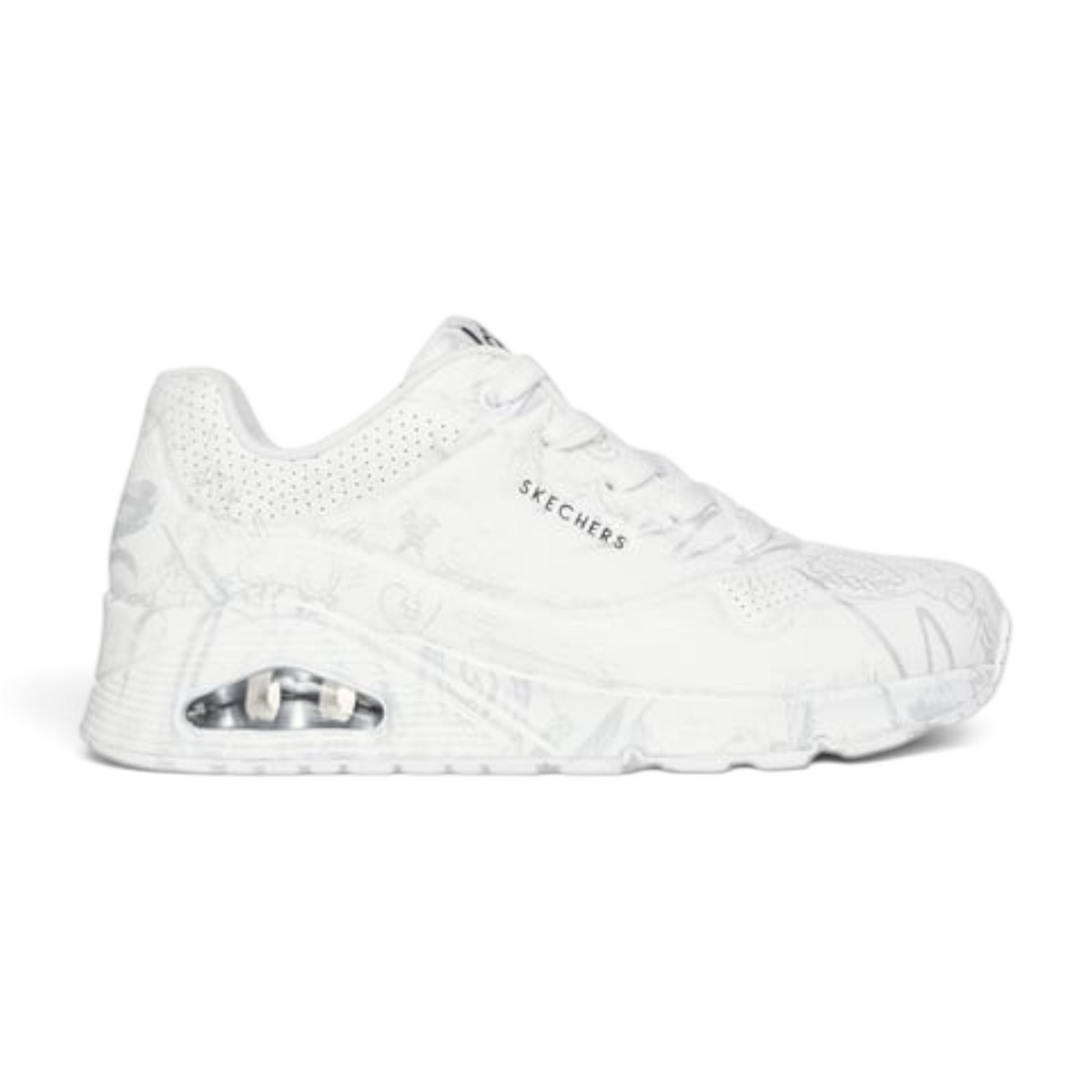FRG UNO PROCESS SKETCH white sneaker with grey sketch-style graphic patterns and visible air-cushioned heel