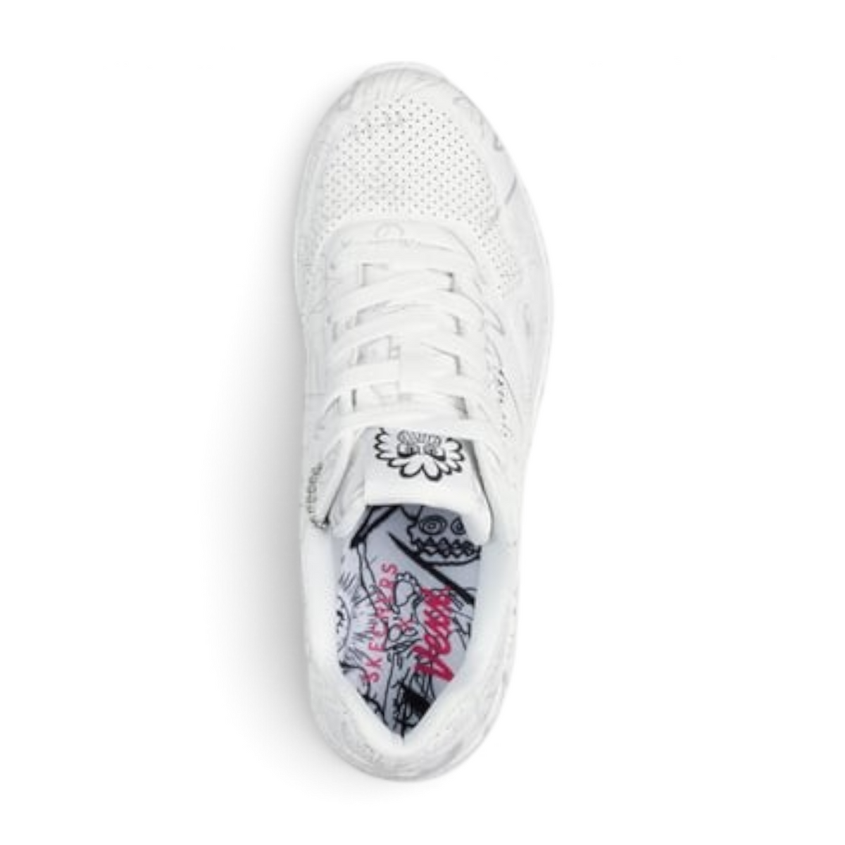 FRG UNO - PROCESS SKETCH white sneaker with black doodle-style graphic prints and perforated leather details