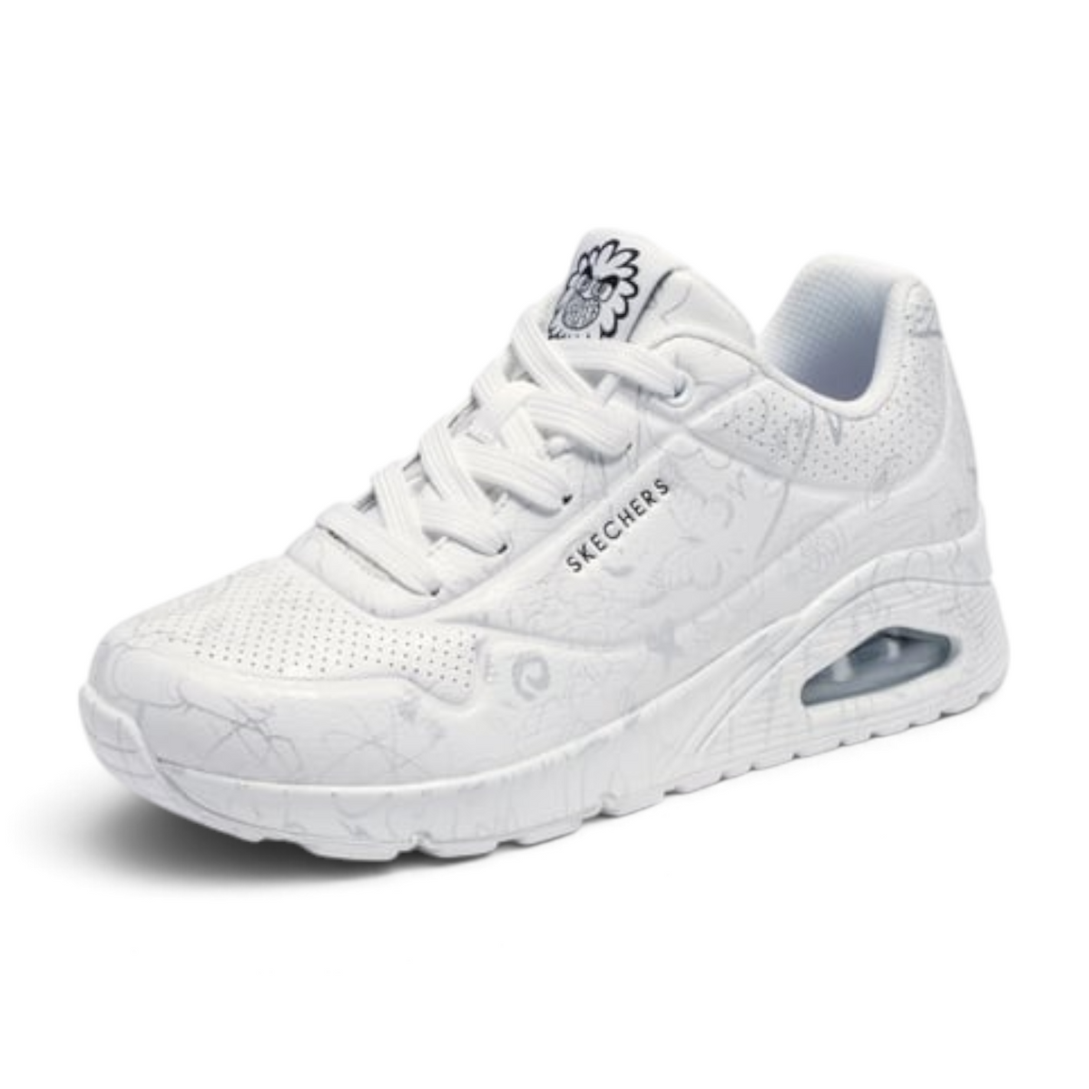 FRG UNO PROCESS SKETCH white sneaker with subtle grey line art patterns and a chunky cushioned sole