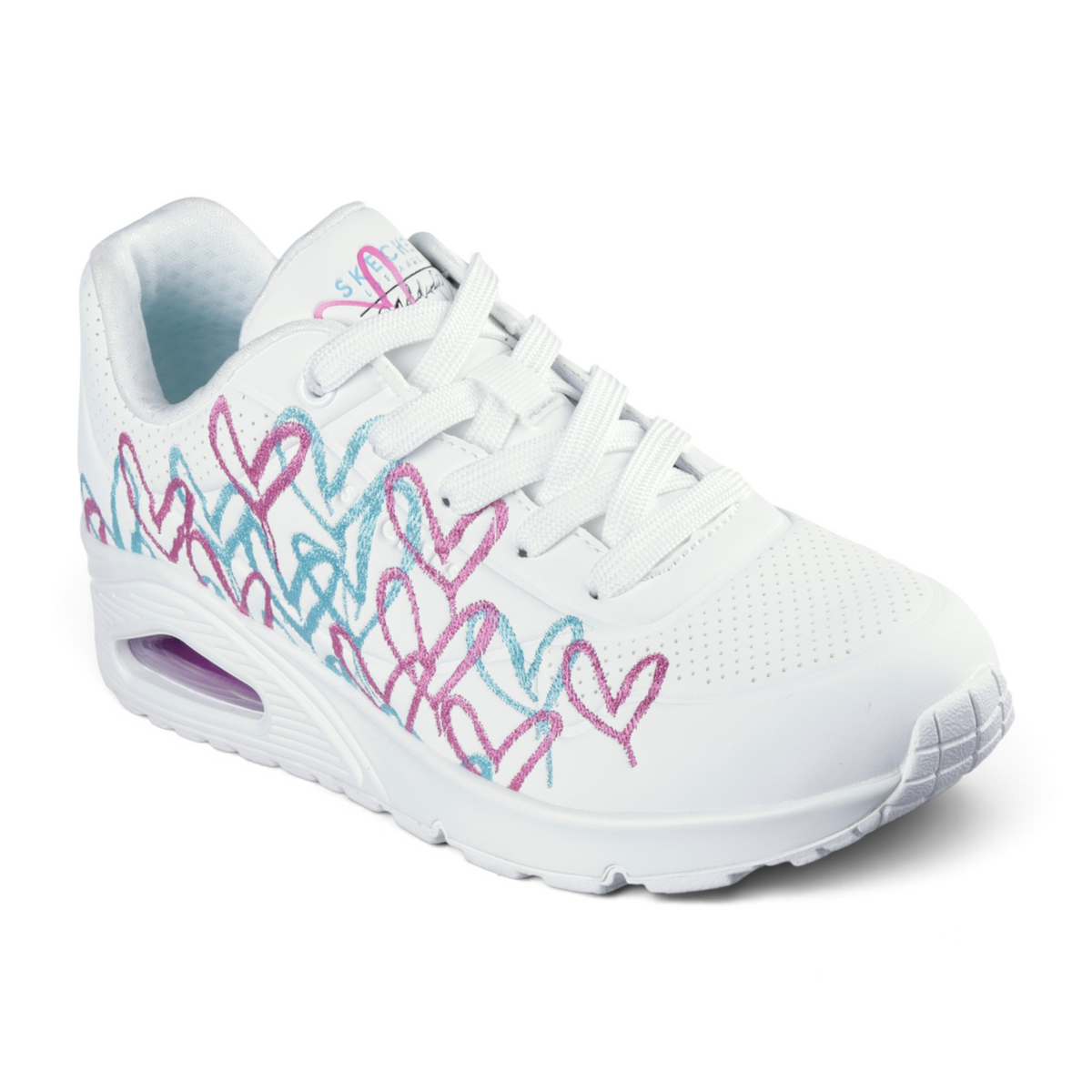 FRG UNO Golden Heart white sneakers featuring pink and blue glitter heart patterns and a cushioned air-cooled sole.