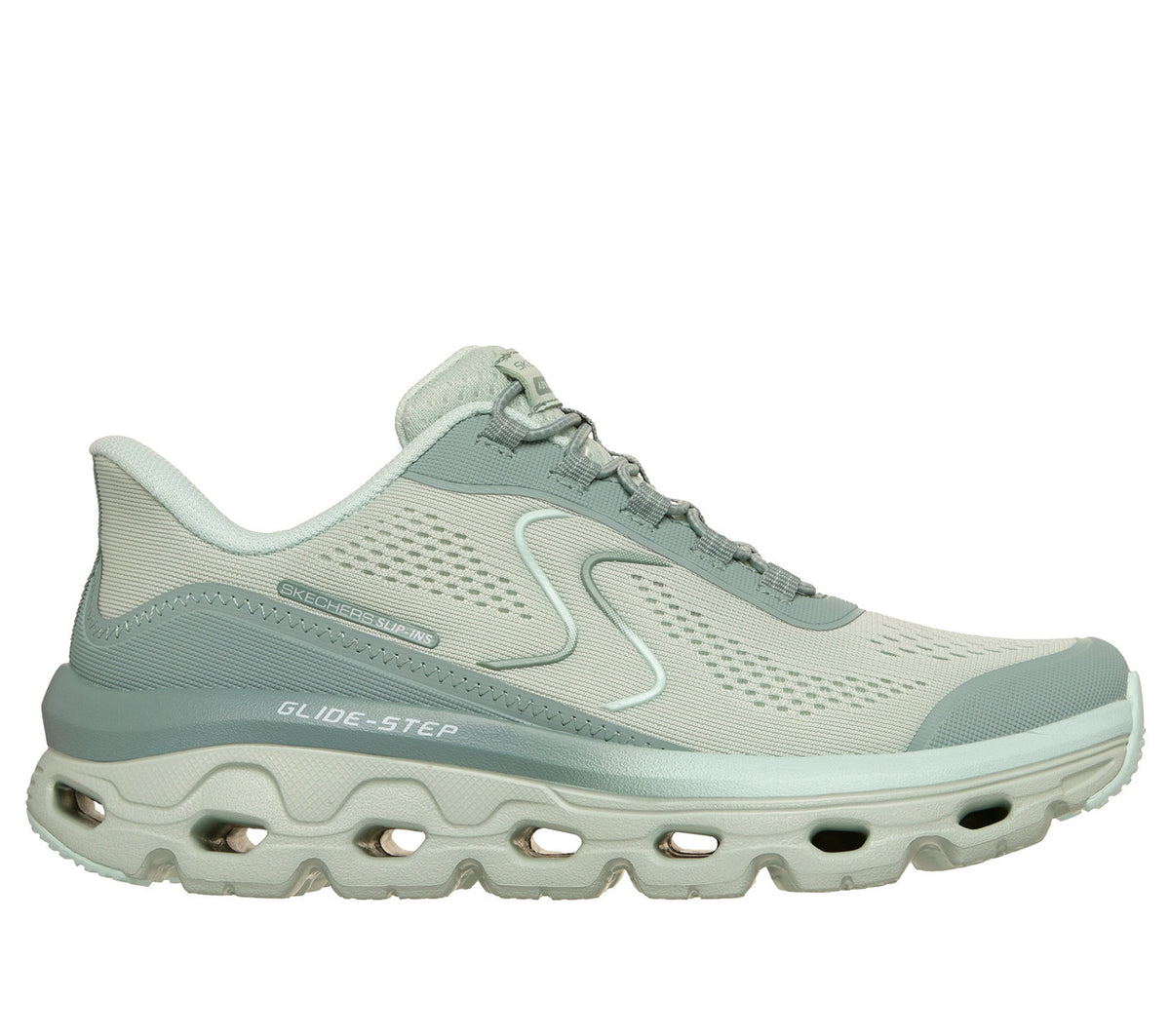 FRG Skechers Glide-Step green mesh walking sneakers with cushioned midsole and synthetic overlays
