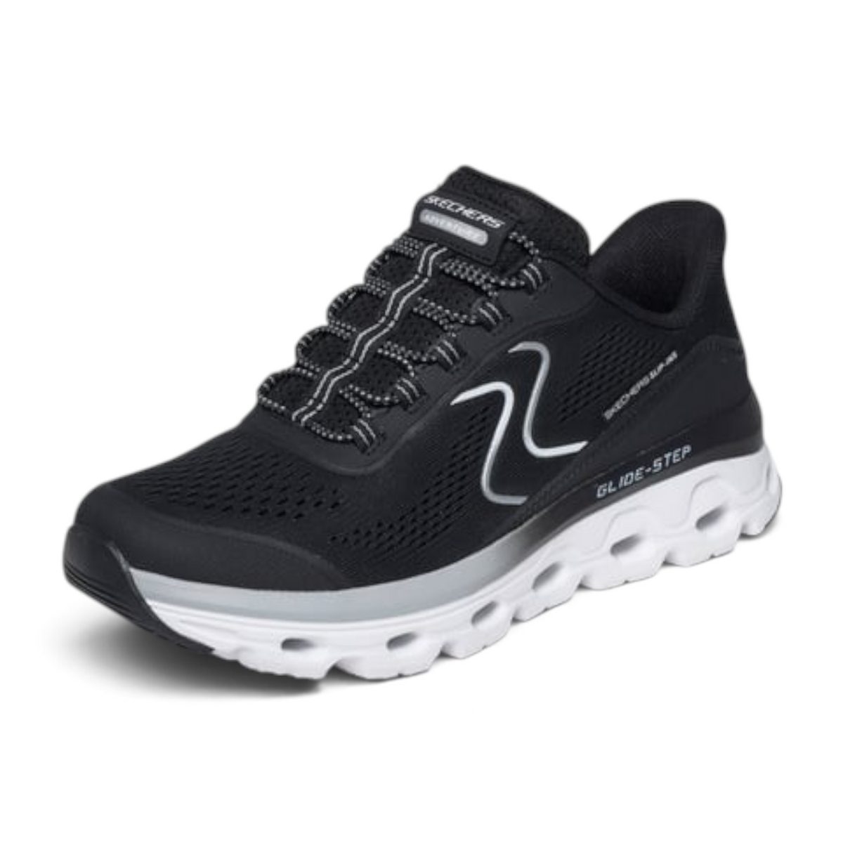FRG black Skechers Glide-Step athletic sneaker with breathable mesh upper and white cushioned sole