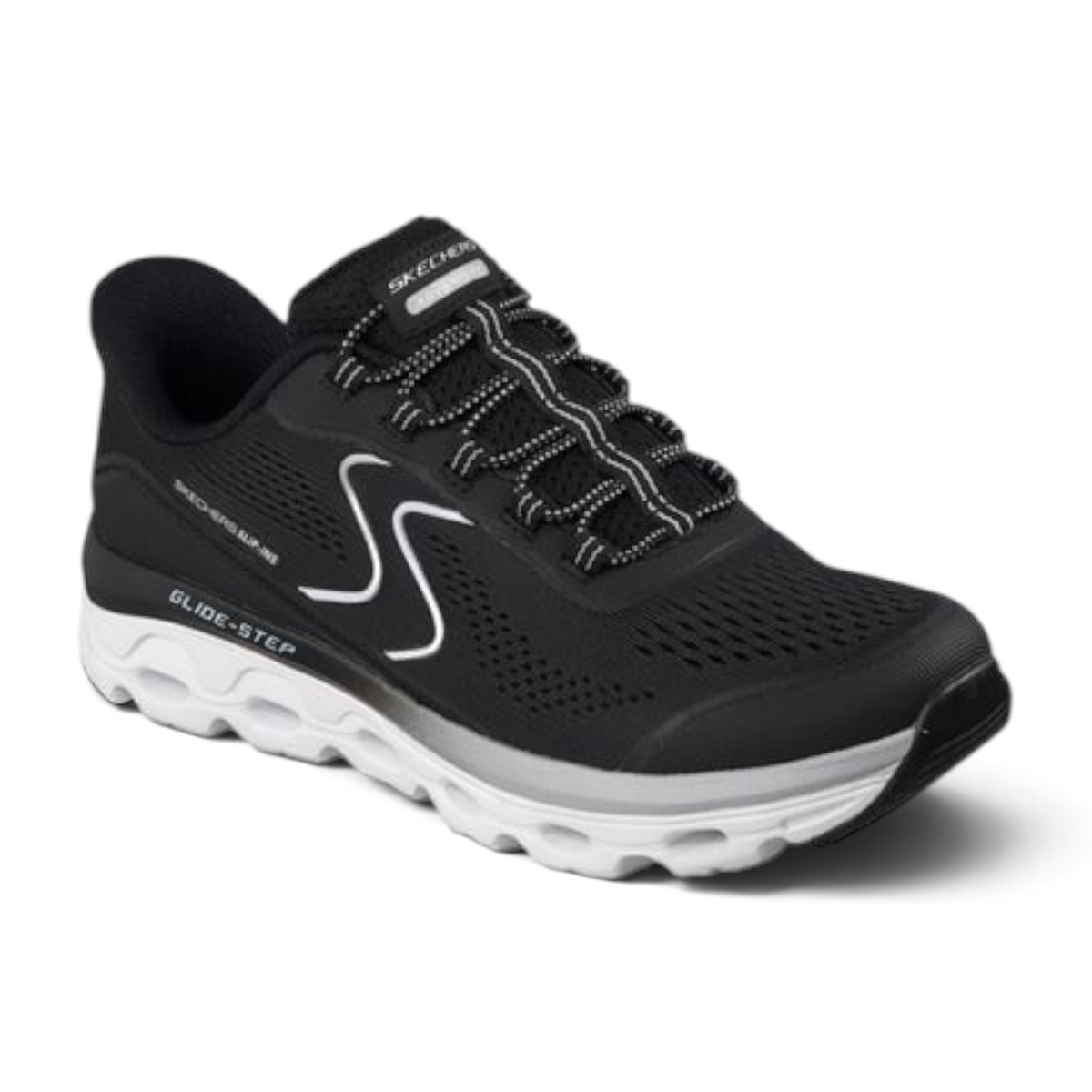 FRG Skechers Glide-Step black athletic sneaker with breathable mesh upper and white cushioned sole
