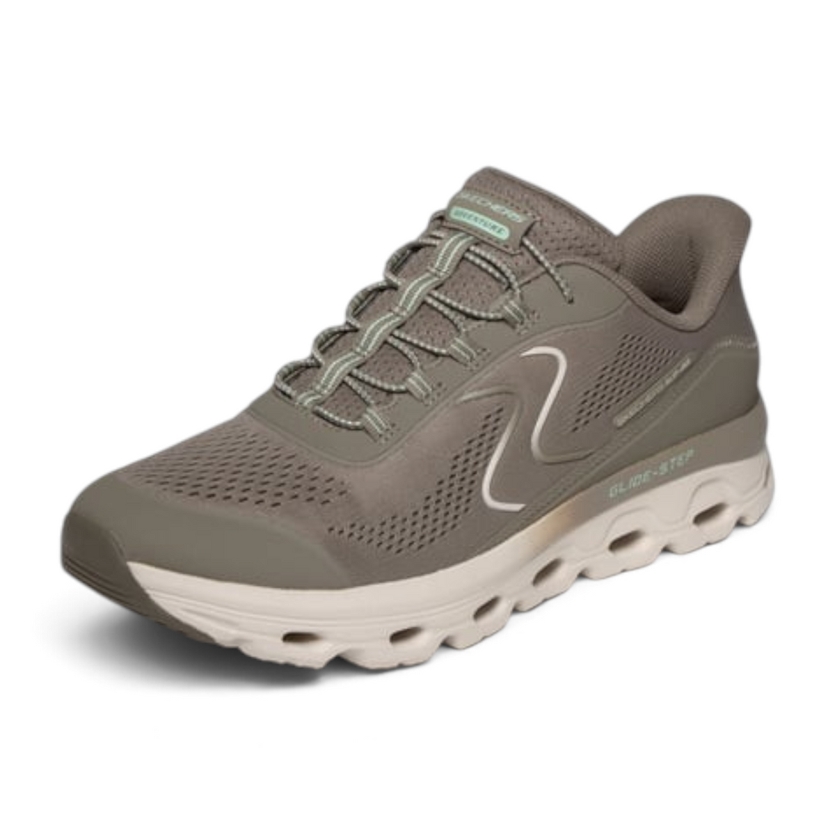 FRG Skechers Glide-Step taupe athletic sneaker with breathable mesh upper and cushioned sole