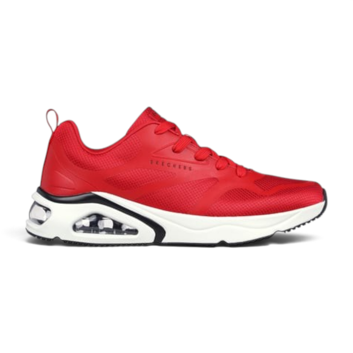 FRG Skechers Tres-Air Uno red athletic sneaker with visible Skech-Air airbag midsole and memory foam insole