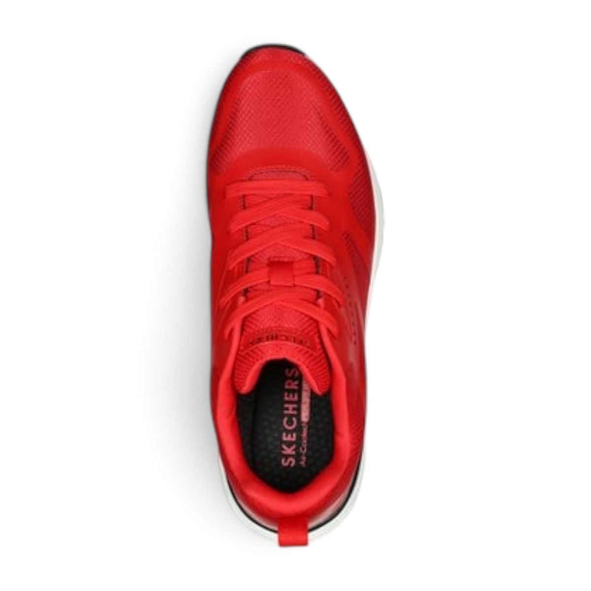 FRG Skechers Tres-Air Uno red athletic sneaker with visible air-cooled memory foam insole and mesh upper
