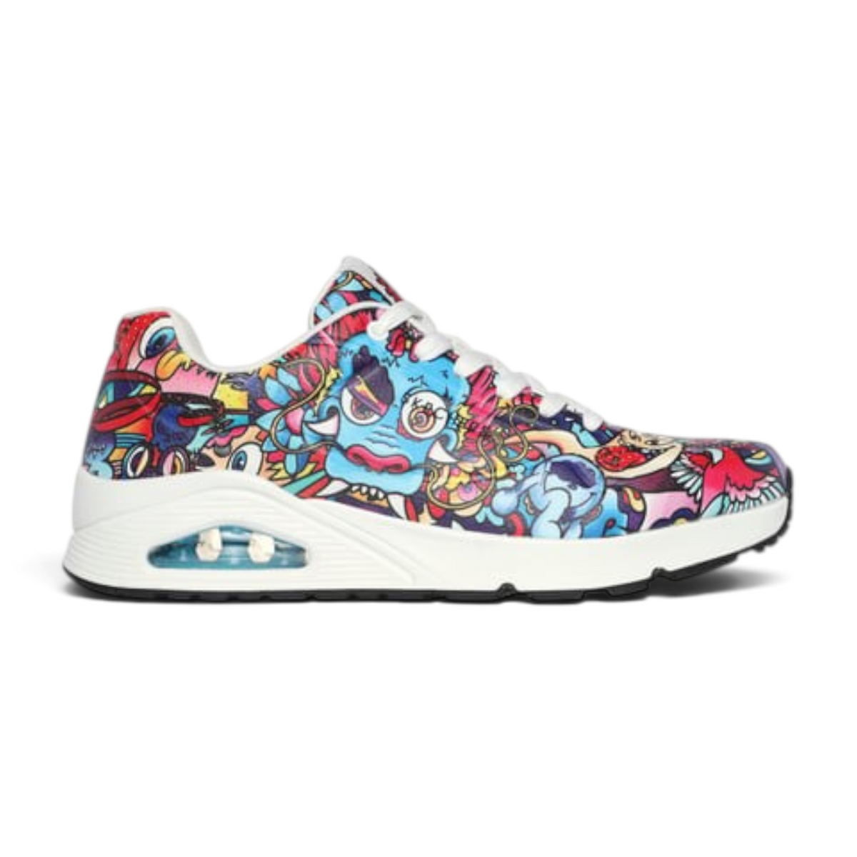 FRG VEXX UNO COLOR DOODLE sneakers featuring vibrant multi-colored cartoon character prints and a white sole