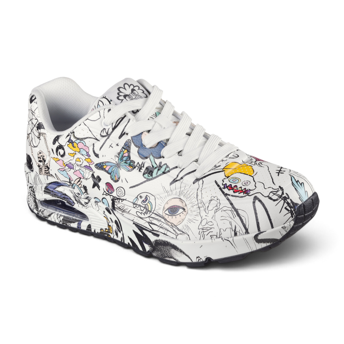 FRG Skechers UNO Process Sketch sneaker with white synthetic durabuck upper featuring vibrant Vexx doodle art prints.