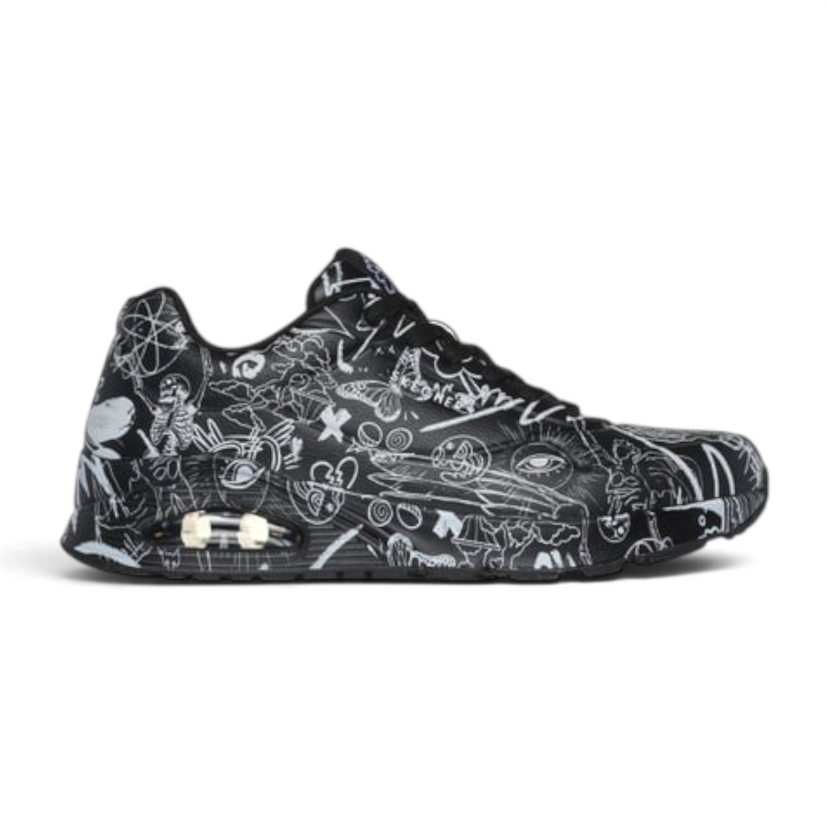 FRG VEXX UNO PROCESS SKETCH sneaker featuring a black upper with white doodle-style graphic illustrations