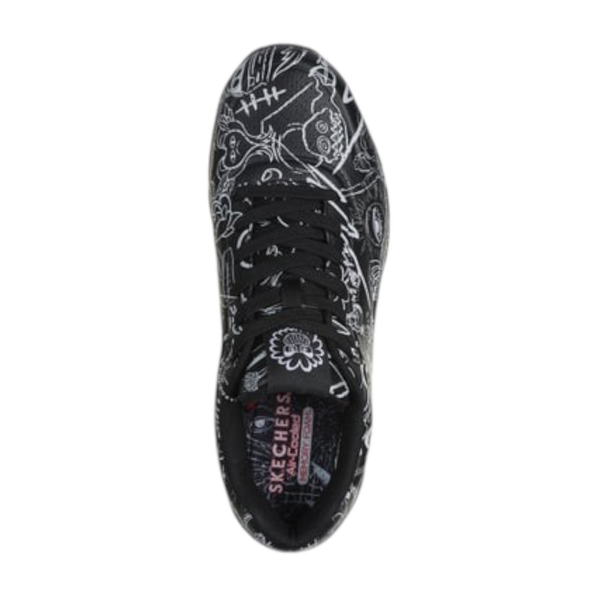 FRG VEXX UNO PROCESS SKETCH sneaker in black with white doodle-style graphic prints and top-down view