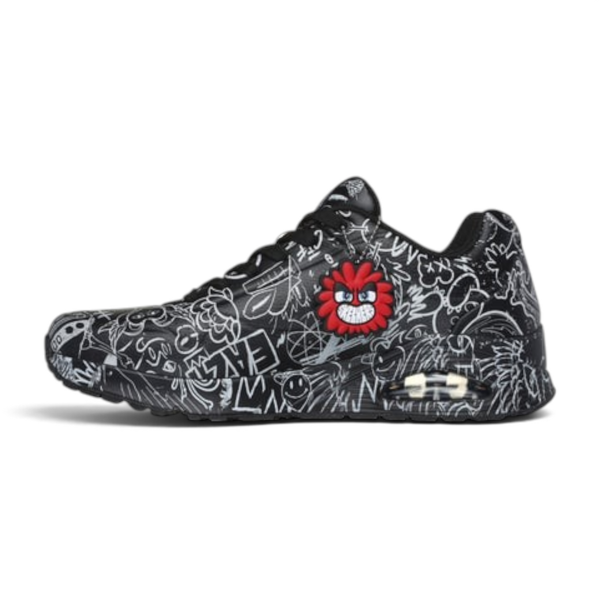 FRG VEXX UNO PROCESS SKETCH sneaker featuring a black and white doodle-style graphic print and a red character charm.