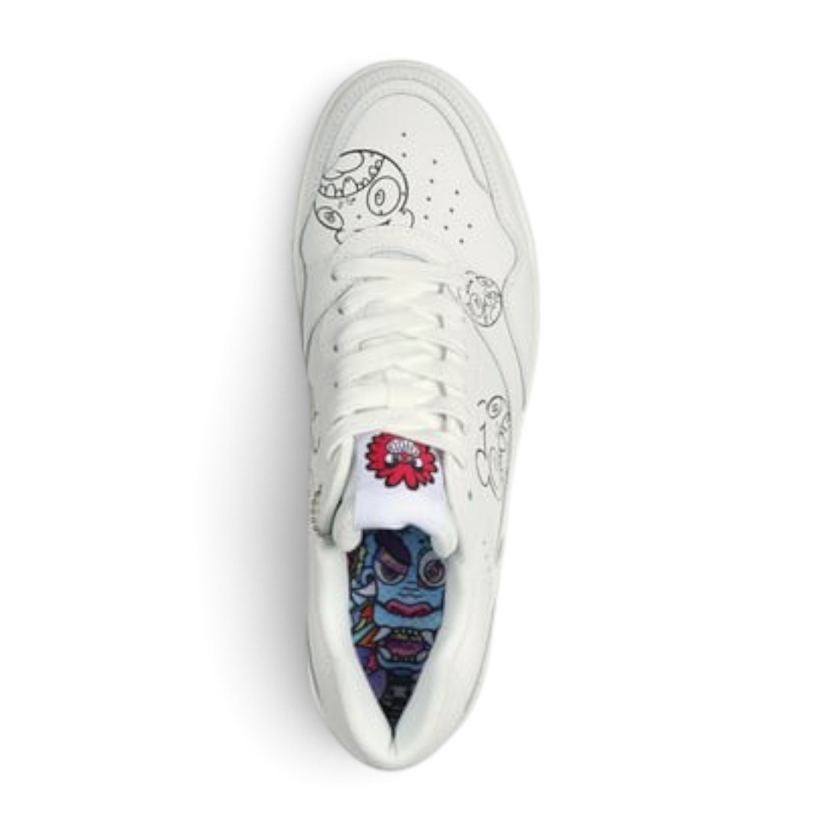 FRG VEXX KOOPA Volley VEXX GASP white sneaker with black doodle art and colorful patterned insole