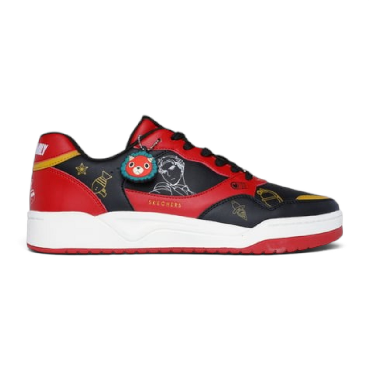 FRG KOOPA Spy x Family sneaker in black and red leather with character graphics and a decorative lion charm