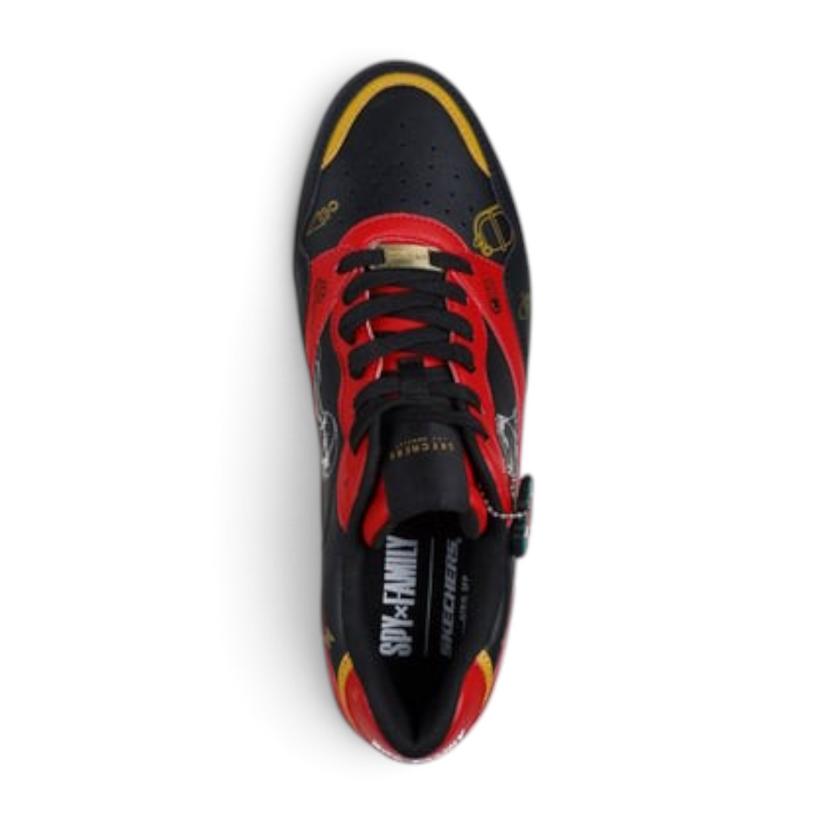 FRG KOOPA Spy x Family sneaker in black and red with gold character graphics and lace-up closure, top-down view
