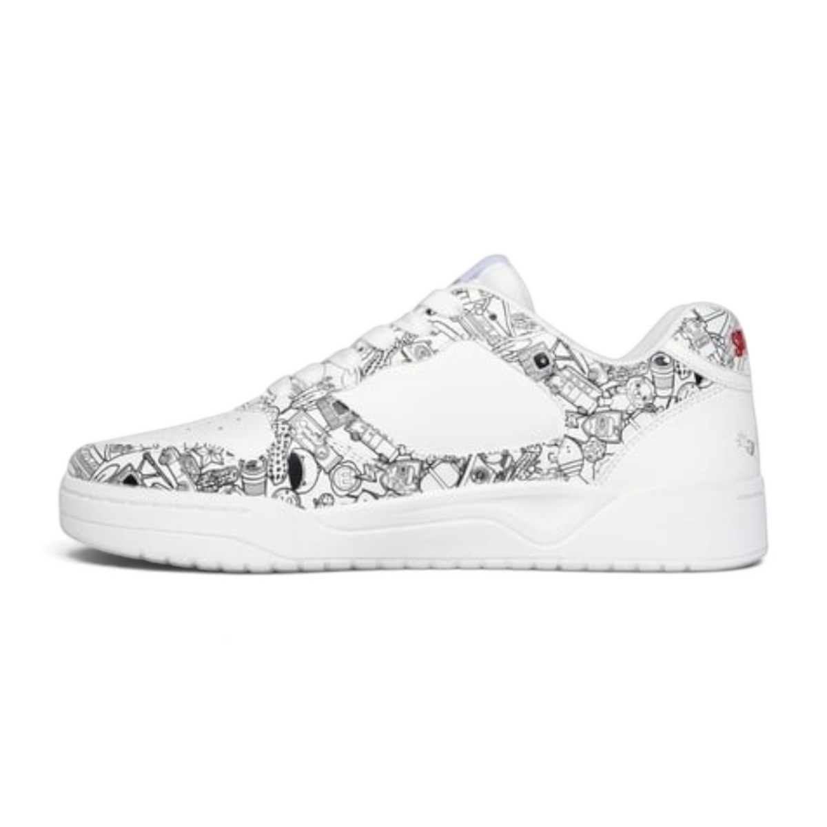 FRG KOOPA Spy x Family white low-top sneakers featuring black and white anime character graphic prints