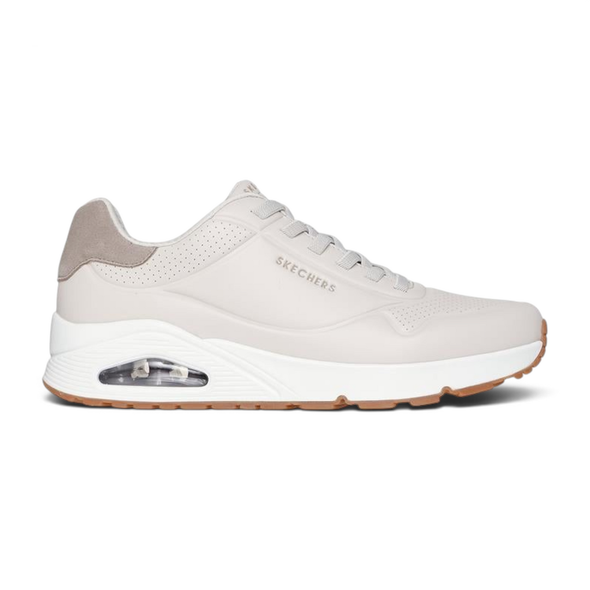 FRG Skechers Uno Retro One taupe sneaker with debossed durabuck upper and visible air-cushioned midsole