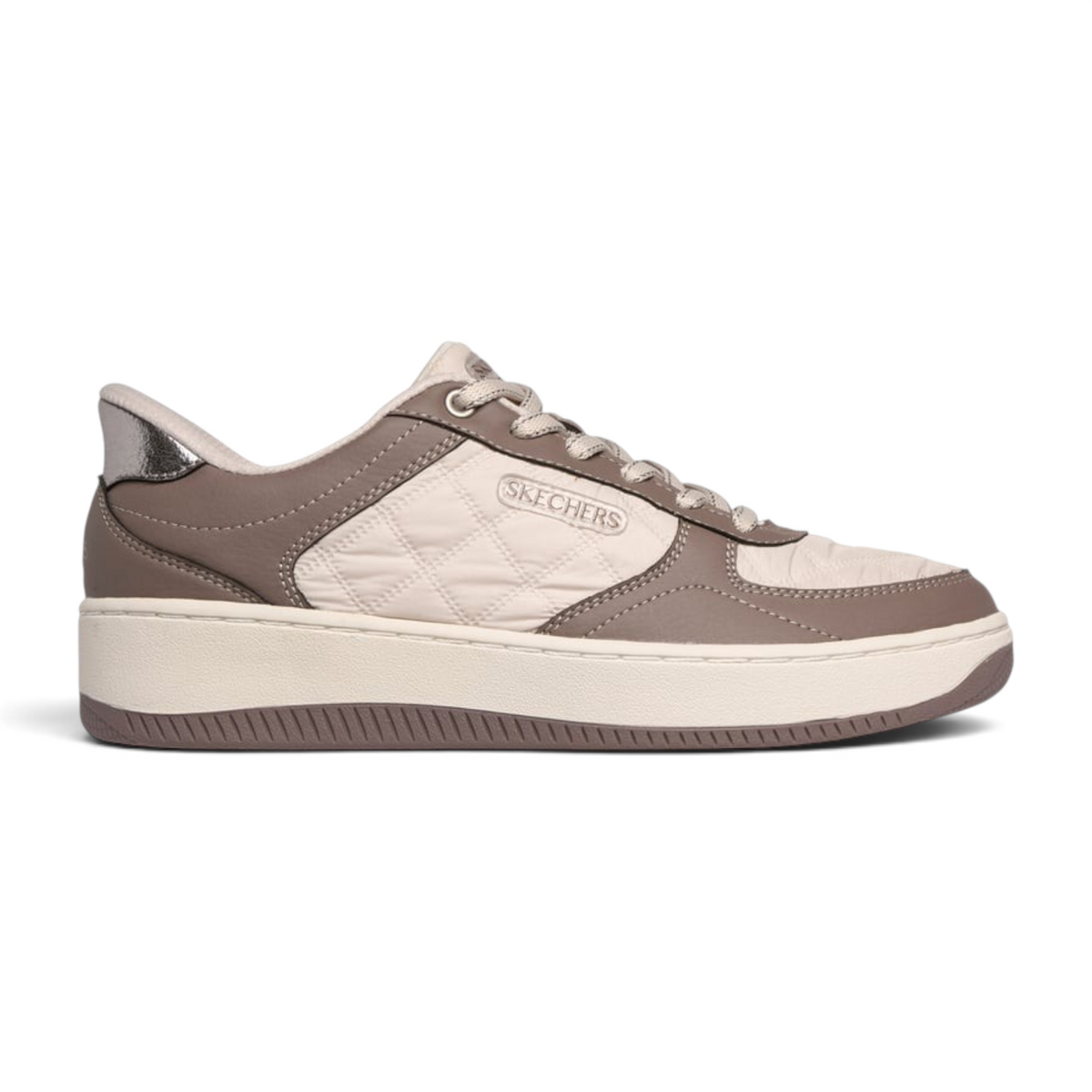 FRG Skechers Cozy Fit lace-up court sneakers in taupe and brown with quilted side panels and metallic heel detail.