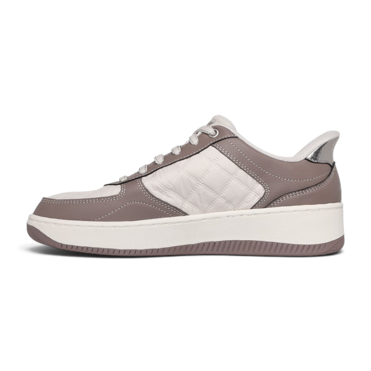 FRG Skechers Cozy Fit lace-up court sneakers in taupe and brown with quilted side panels and metallic heel detail.