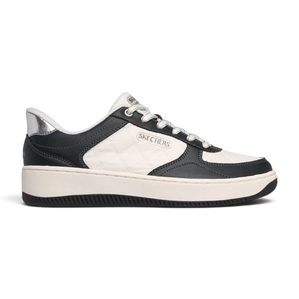 FRG Skechers Cozy Fit white and black court sneaker with quilted side panels and silver heel detail