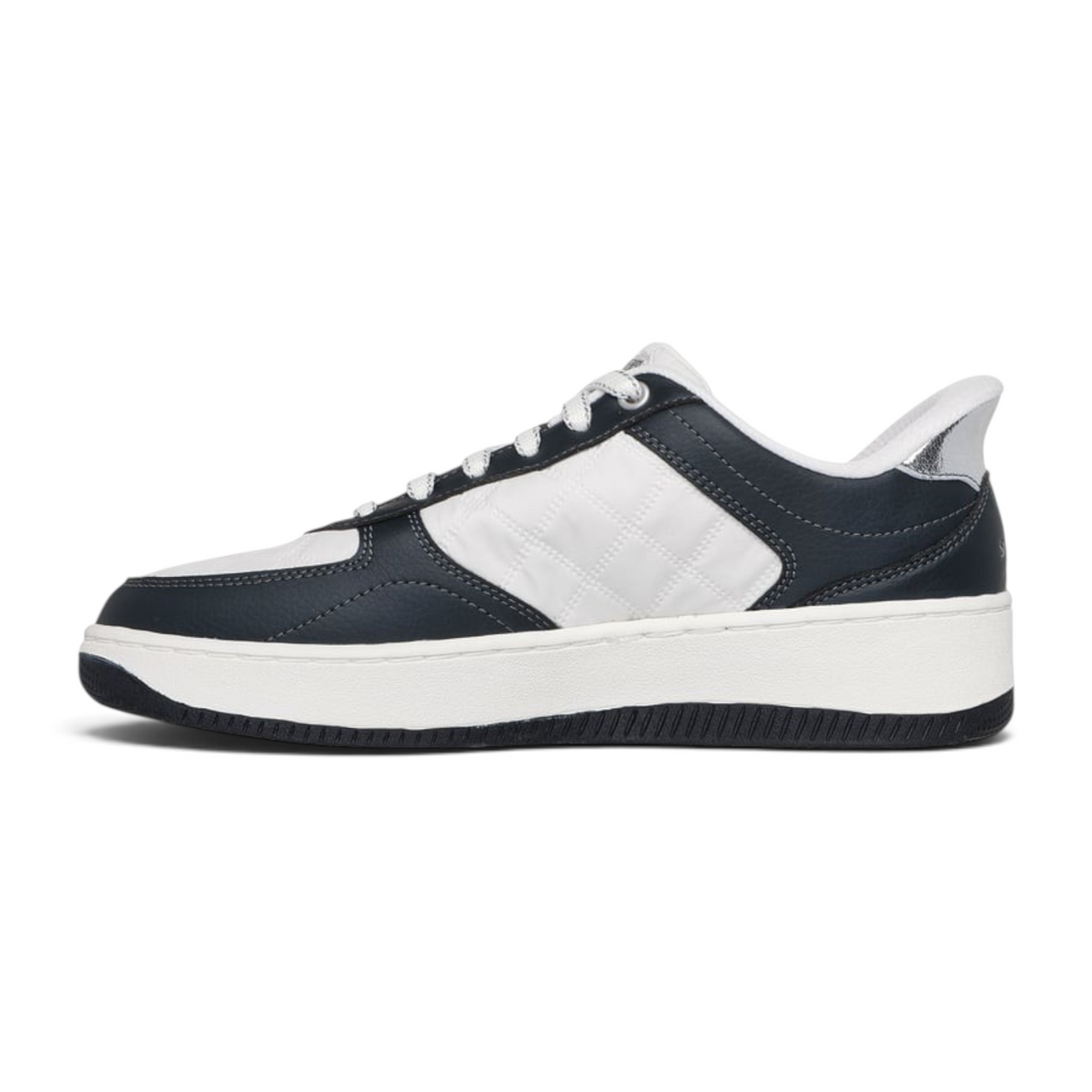 FRG Skechers Cozy Fit white and black court sneaker with quilted side panels and lace-up closure