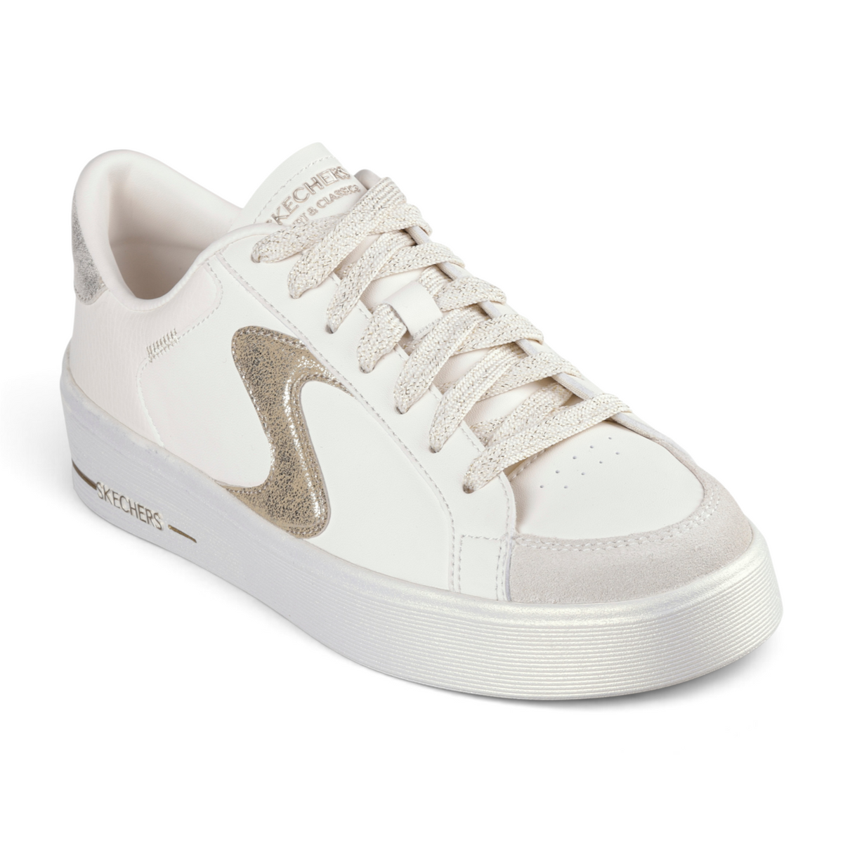 FRG Skechers Hiland Quite Chic white lace-up sneaker with metallic gold trim, memory foam insole, and hidden wedge.