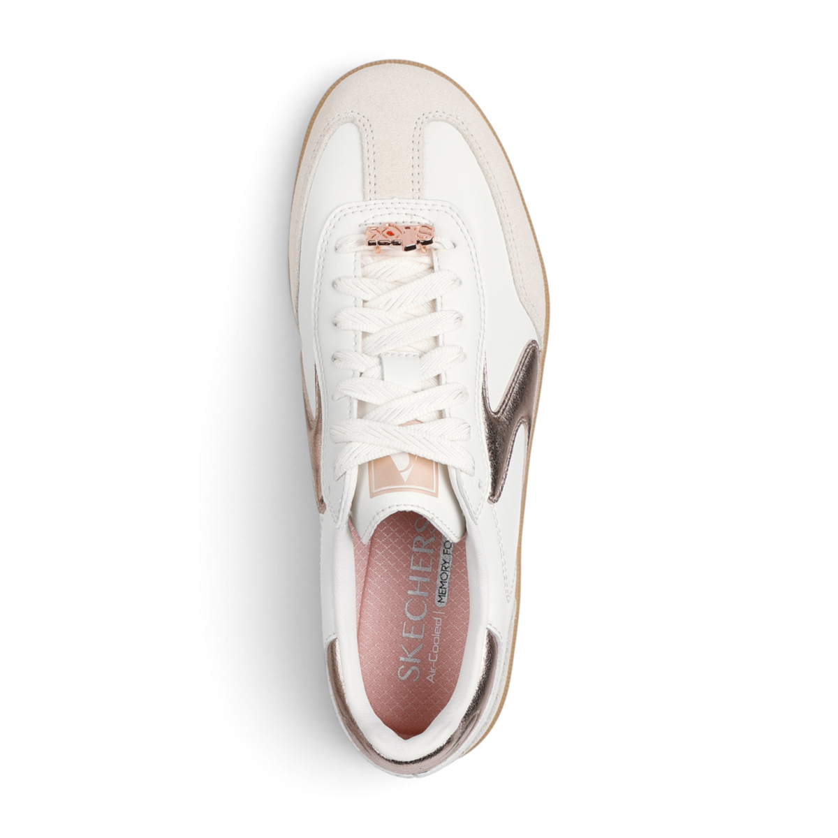 FRG Skechers Hotshot Cool Glow white court sneaker with metallic rose gold accents and memory foam insole